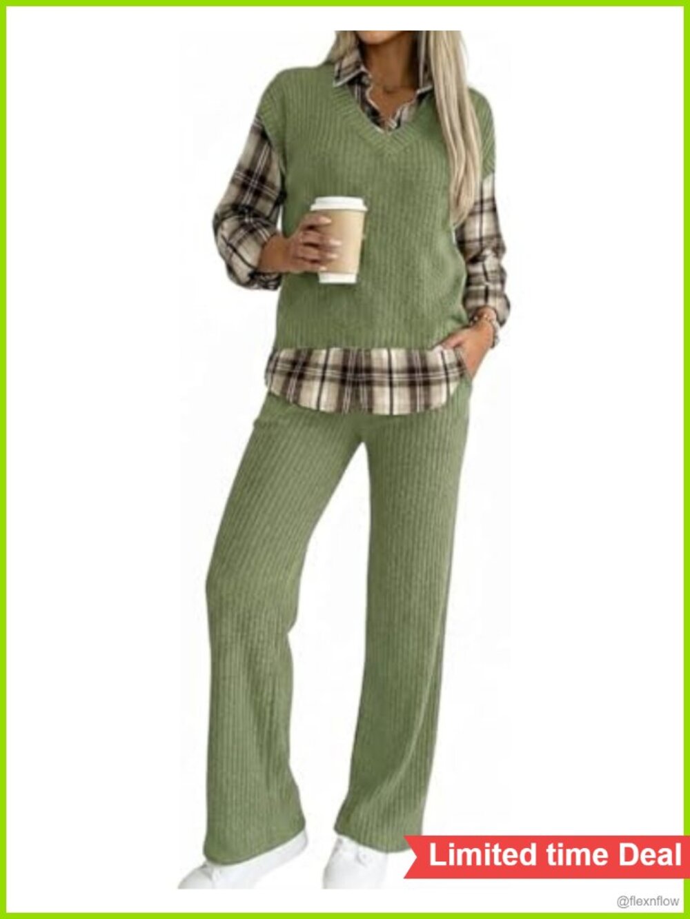 Women's 2 Piece Outfit Plaid Spliced Turn-Down Collar Ribbed Set